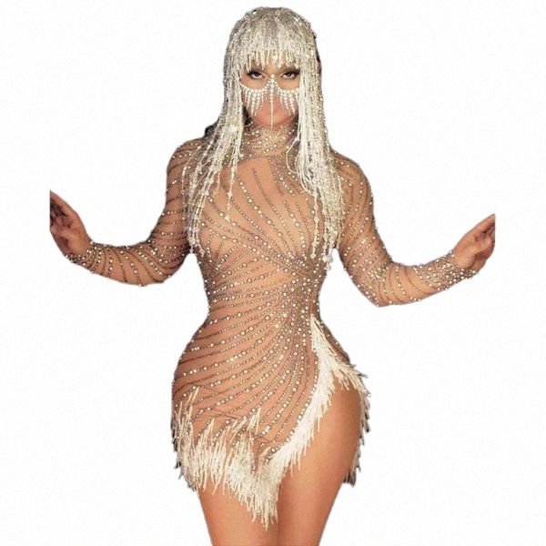 

rhinestone pearls mesh perspective dress women high slit birthday prom bodycon nightclub dancer stage casual dresses 629j#, Black;gray