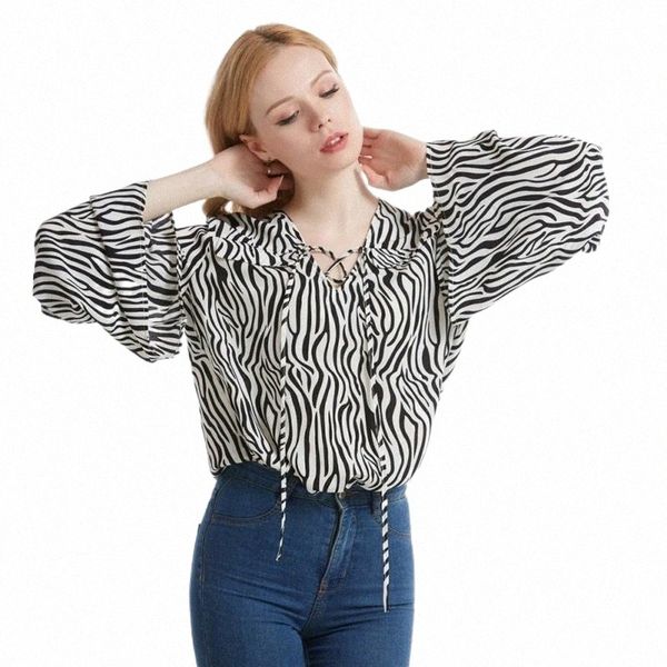 

women's blouses & shirts plus size women zebra print striped blouse spring summer long sleeve loose lace-up v neck shirt european ameri, White
