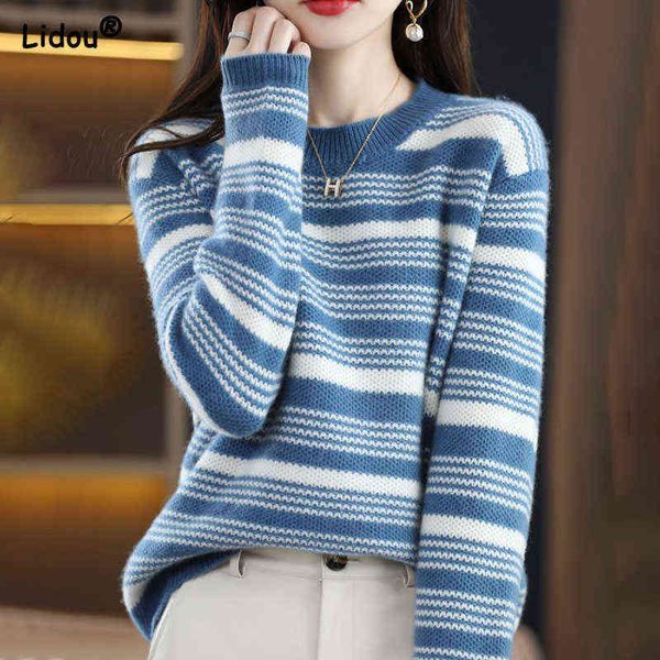 

women's sweaters medium strech striped korean loose-fitting thick women's clothing o-neck spliced autumn winter contrasting colors, White;black