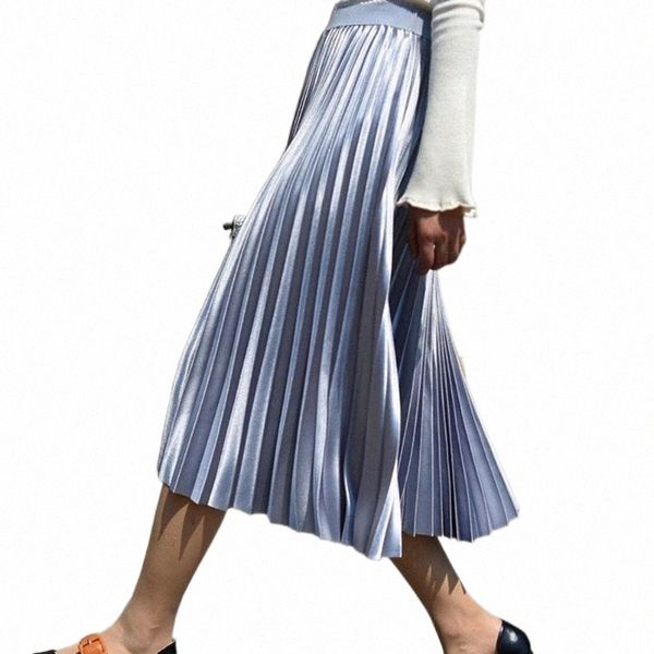 

vintage metallic color women high waist elastic band maxi long pleated skirt 2021 elegant female skirts r1bf#, Black