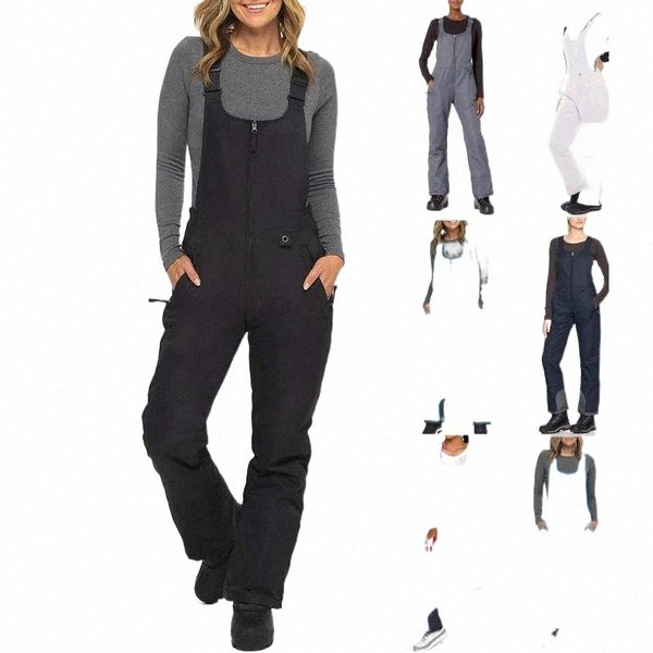 

women's solid color pocket jumpsuit with suspenders and trousers ski pants ladies one-piece & capris 130n#, Black;white