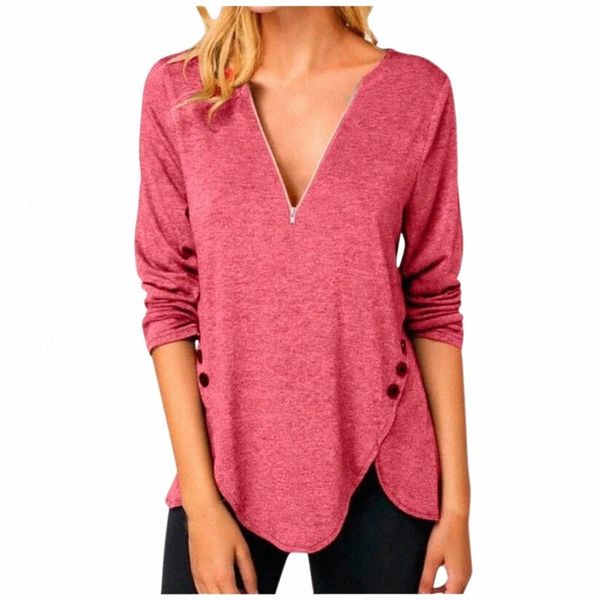 

women's blouses & shirts women casual elegant blouse solid color zipper button v-neck long sleeve sweatshirt temperament camisas#yl10 c, White