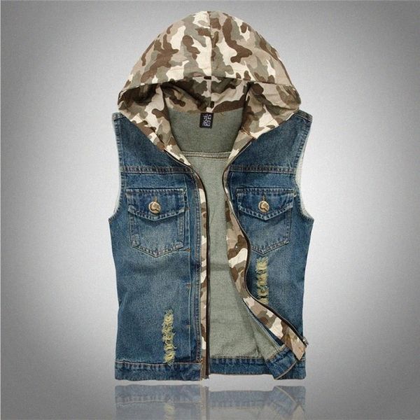 

style men's casual blue hooded denim vest turn-down collar single breasted pockets fashion male brand clothing plus size vests r5mc#, Black;white