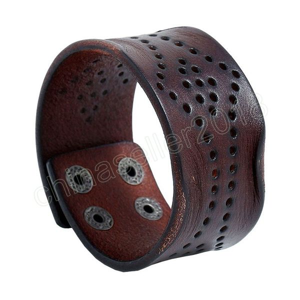 

wide hollow leather bracelets cuff button adjustable bracelet wristand for men women fashion jewelry, Golden;silver