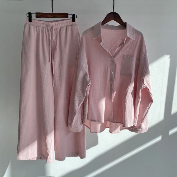 

2 piece sets women's 2022 fall cotton linen shirt suit casual loose long sleeve pants sets solid color button lapel suit, White