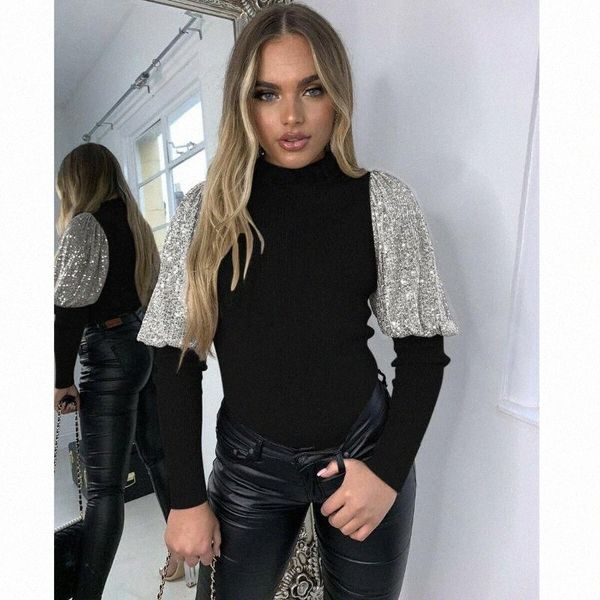 

women ladies puff long sleeve pullover knittedwear sequined blouse spring autumn loose jumper ribbed shirt women's blouses & shirts m3, White