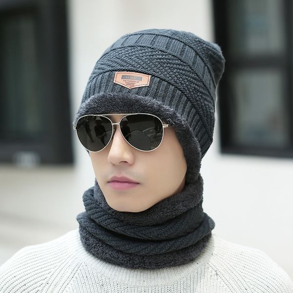 

winter knitted hat scarf set for men fleece warmth bib cap ring scarves thickened women's ear protection cold proof, Blue;gray