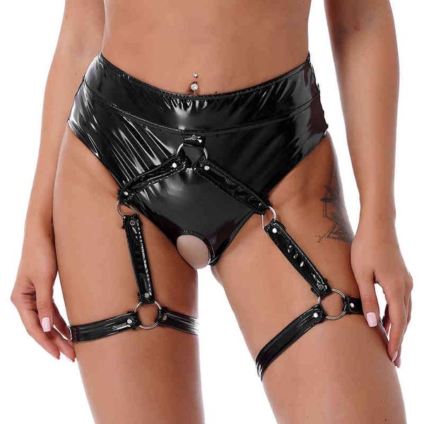 

massager shiny patent leather panties for women crotchless underwear leg garter with round ring exotic thongs party and disco