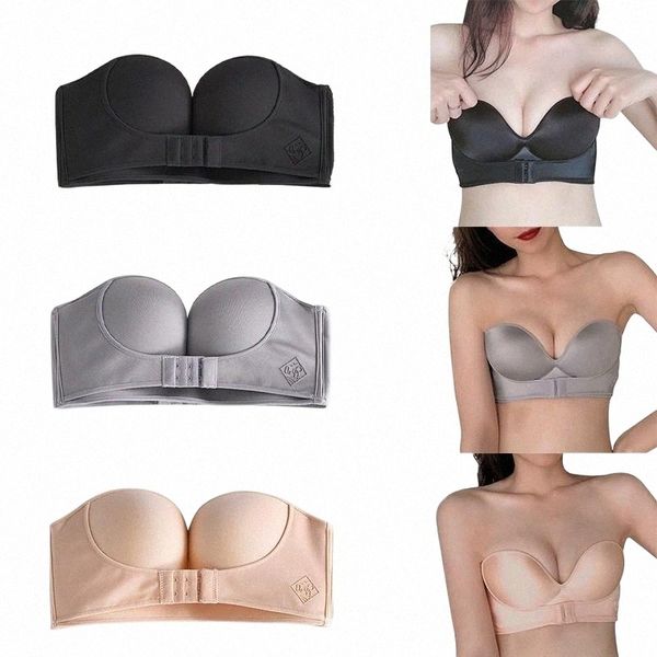 

women padded bra gather strapless super push up lingerie invisible brassiere with adjustable shoudler front bras o8xm#, Red;black