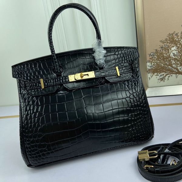 

25/30/35cm leather handbag tote shopping bag crocodile pattern gold hardware key latch women shoulder bag removable long strap 5a