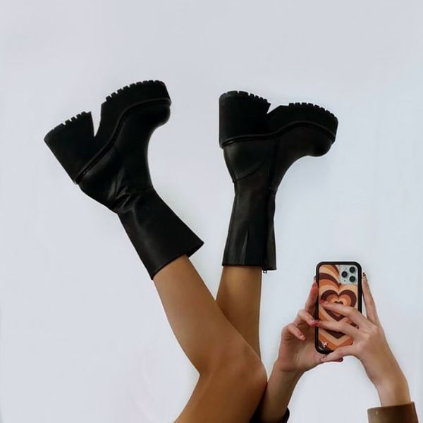 

boots platform genuine leather ankle shoe fashion mid calf female winter ins botas de mujer size 35 44 220915, Black