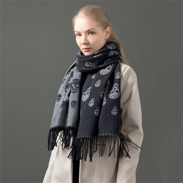 

scarves luxury skull scarf cashmere women shawl winter warm cloak thick blanket fringed holiday gift 220914, Blue;gray