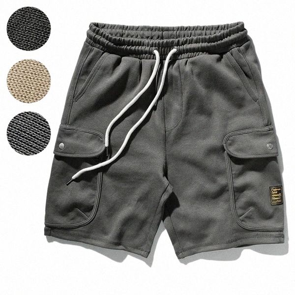 

summer cargo shorts men's fashion capris pure cotton knitted multi-pocket drawstring casual knee length sweatpants l09b#, White;black