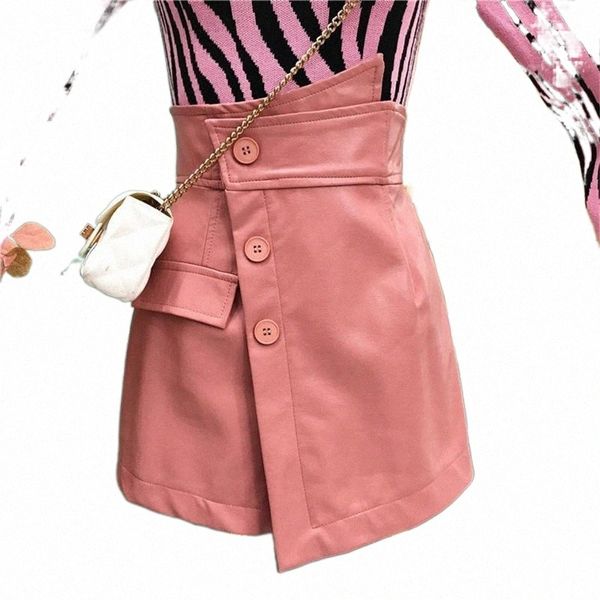 

korea fashion 2021 autumn shorts womens pu faux leather solid color irregular hips button elegant mini women's 67ia#, White;black