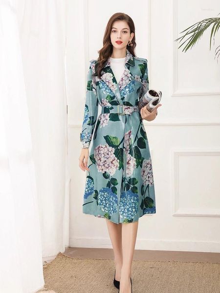 

women's trench coats women's fashion runway 2022 spring midi coat women flowers printed elegant belt office lady, Tan;black