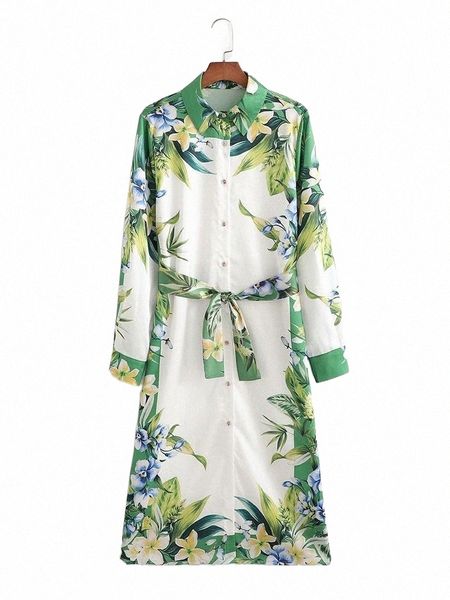 

women's single breasted green floral printed long shirt dress with sashes turn down collar casual loose dresses p3gs#, Black;gray