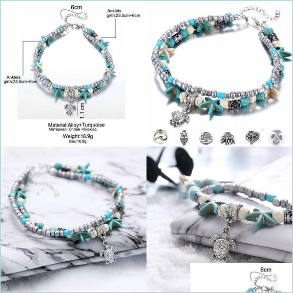 

anklets double deck anklets turtle starfish conch beaded yoga beach pendants bracelet women resin lucky necklace fashion jewelry orna dhs4r, Red;blue