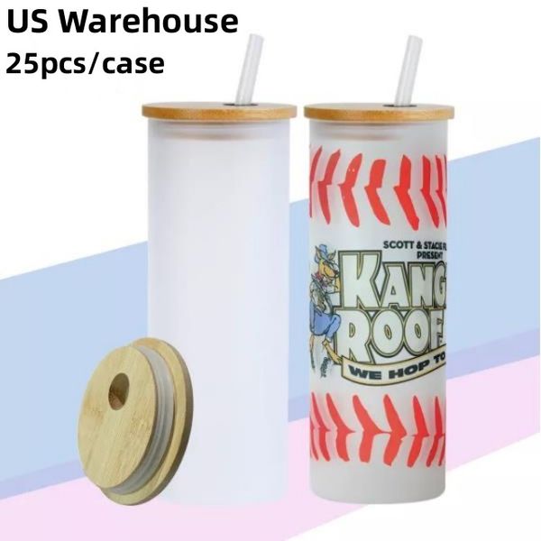 

us warehouse 25oz sublimation straight frosted glass tumbler blank water bottle with bamboo lid & straw diy beer mugs coffee cups b6