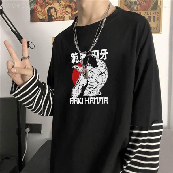 

men's t shirts baki hanma anime manga shirt hip hop oversize men long sleeve patchwork stripe t-shirt harajuku cool cartoon summer tshi, White;black