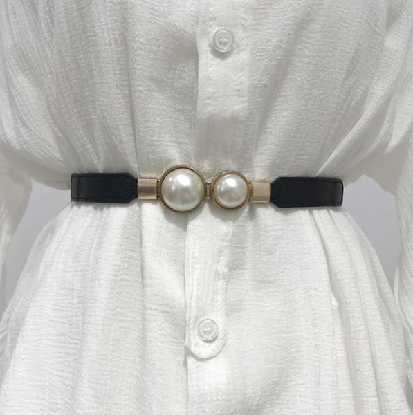 

women double pearl belt female black red white pu leather dress skirt waist elastic thin belts ladies designer waistband, Black;brown