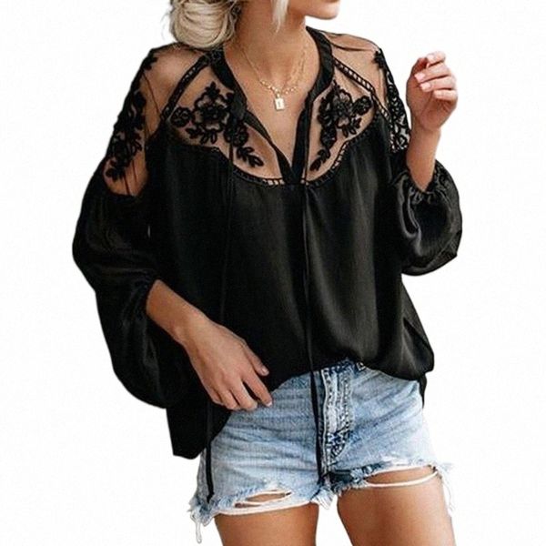 

women lace flower blouse vintage shirt v-neck long sleeve hollow out female tunic casual plus size mujer women's blouses & shirts d3gd#, White