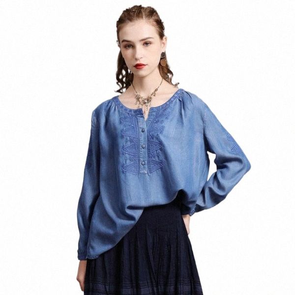 

blouse women 2021 yuzi.may boho denim blouses o-neck vintage emrboidery single breasted loose blusas b9298 shirt women's & shirts s1zz#, White