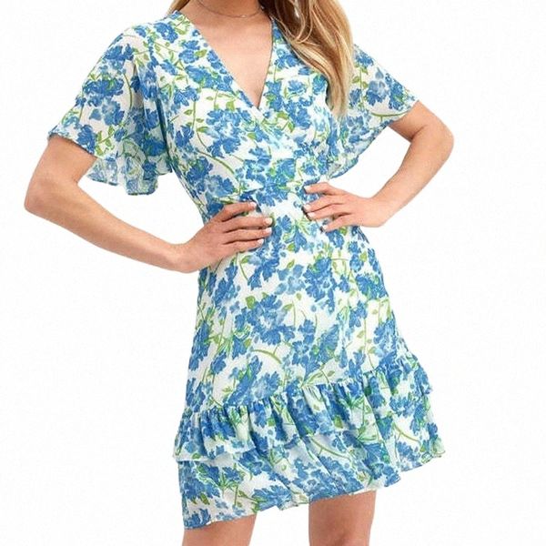 

women v neck summer dress vintage short butterfly sleeve floral printed ruffles a-line dresses cottagecore female vistidos casual j1oo#, Black;gray