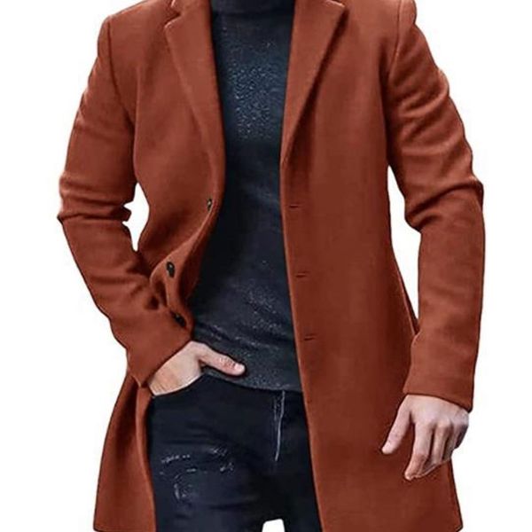 

men's wool blends winter men jacket trench warm clothes overcoat cardigan solid blends male autumn single-breasted suit collar outwear, Black