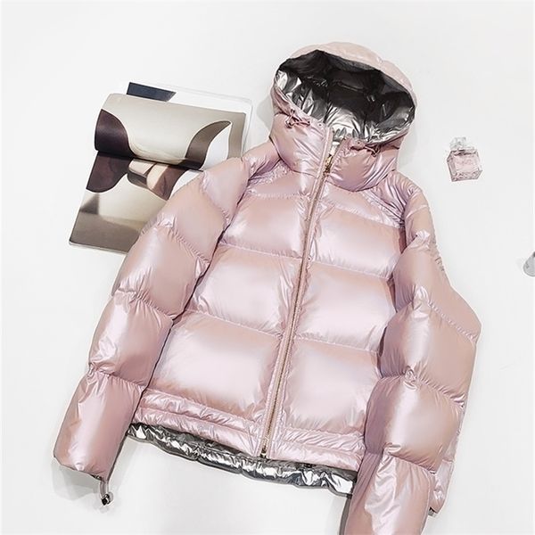 

womens down parkas trendy bright face washdoublesided white duck design short hooded pink winter coats puffer jacket 220914, Black