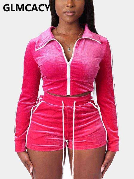 

women's two piece pants women two piece casual summer tracksuits long sleeve zip up crop jacket bodycon shorts set t220902, White