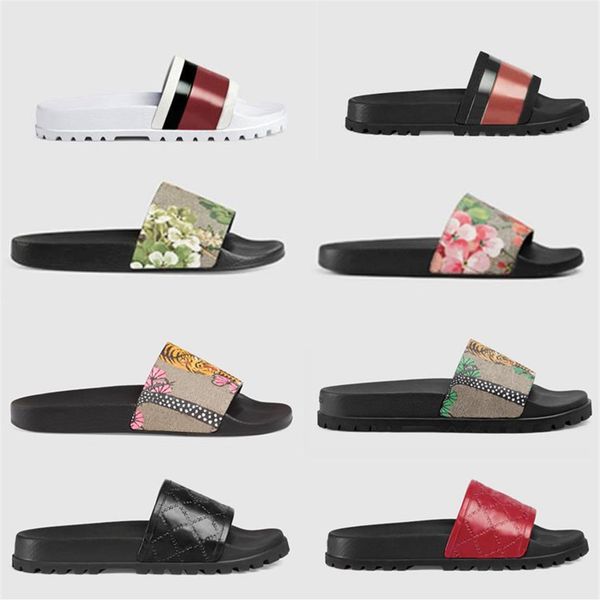 

2021 new designer rubber slide sandal floral brocade men slipper gear bottoms flip flops women striped beach causal slippers size 309z, Black