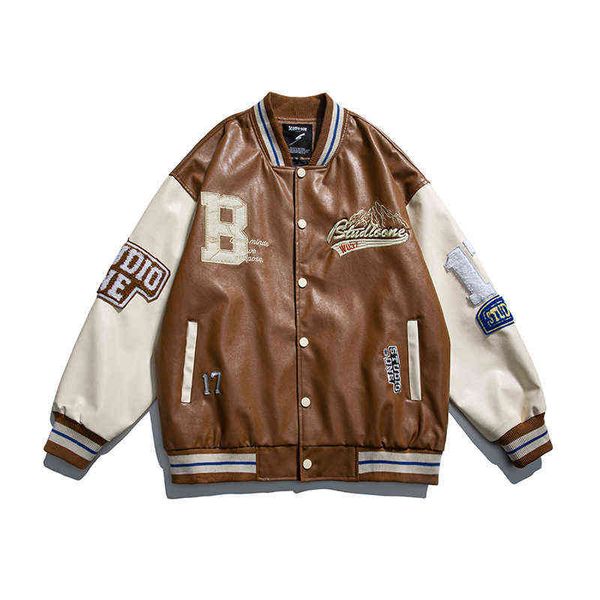 

men's jackets mens varsity pu leather baseball jacket men women vintage embroidery letter patchwork college coats hip hop bomber coat y, Black;brown