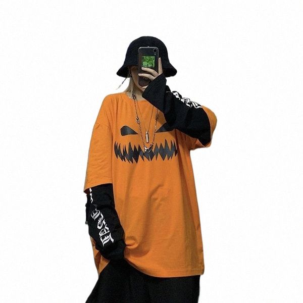 

korean harajuku pumpkin anime print letter graphic tshirt patchwork casual long sleeve t-shirt women streetwear vintage y2k 93m5#, White