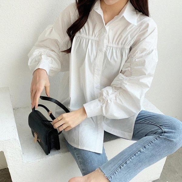 

white shirt women's style 2021 spring autumn shirred bubble puff sleeve korean-style solid loose blouse blouses & shirts n0r6#