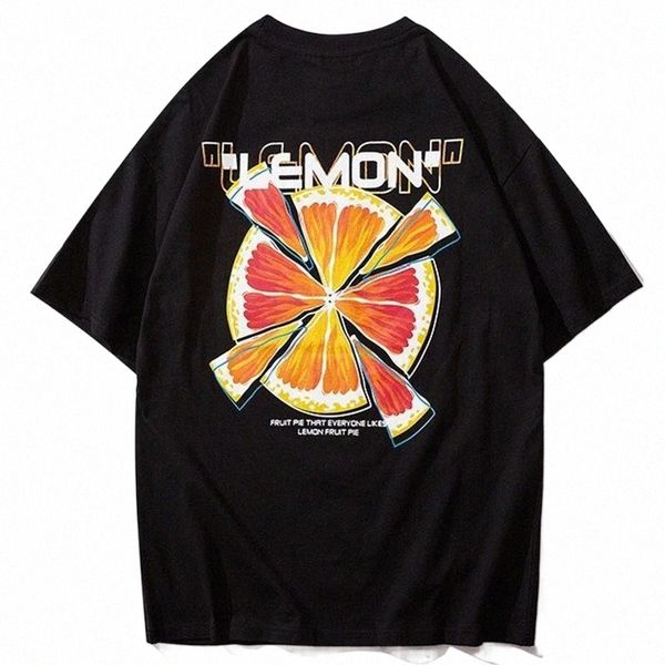 

2021 streetwear t shirt men hip hop lemon print tshirts short sleeve cotton loose t-shirt black harajuku casual clothing tees k1ko#, White;black