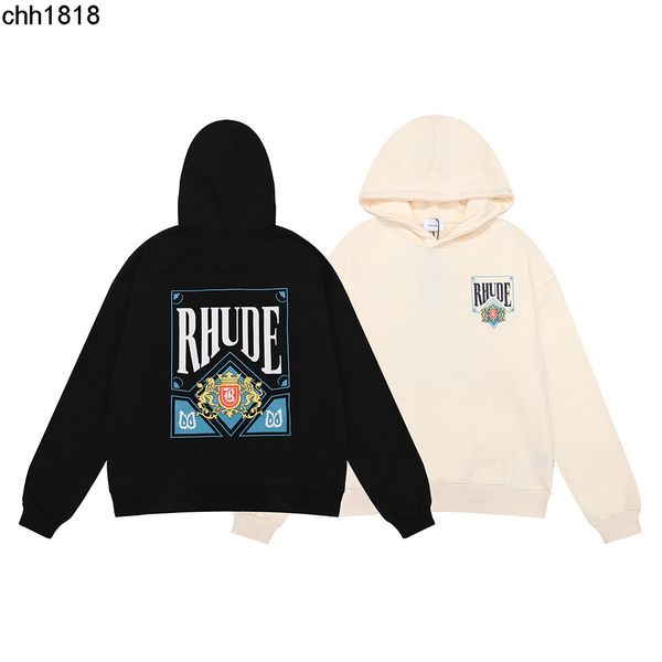 

high edition autumn and winter new american street rhude poker print os loose men's and women's hoodie, Black