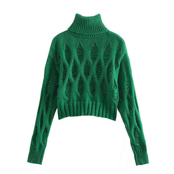 

women's sweaters yenkye vrouwen mode hollow out cropped knit groen trui vintage hoge hals lange mouwen vrouwelijke truien chic t220905, White;black