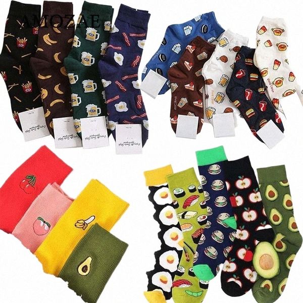 

men's socks harajuku happy women men funny cartoon fruit avocado banana burger fries beer biscuit fried chicken food sox skateboard i7y, Black