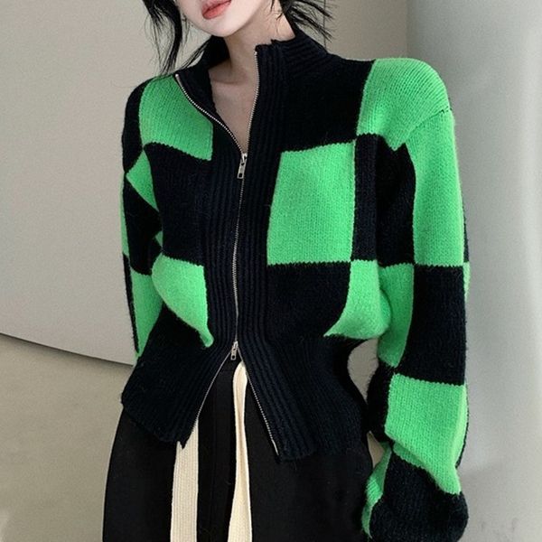 

women's sweaters checkerboard sweater women fall winter loose short design sense green niche zipper knit cardigan jacket, White;black