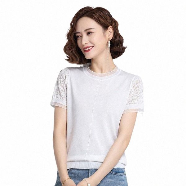 

brand summer elegant fashion female knitted thin t-shirts business casual women's short sleeve soft slim w5026s t-shirt g1bo#, White