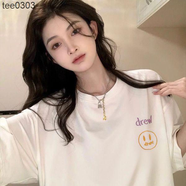 

drewss bieber same letter smiley face embroidery ins american fashion brand hip hop loose bf style couple short sleeve t-shirt, White;black