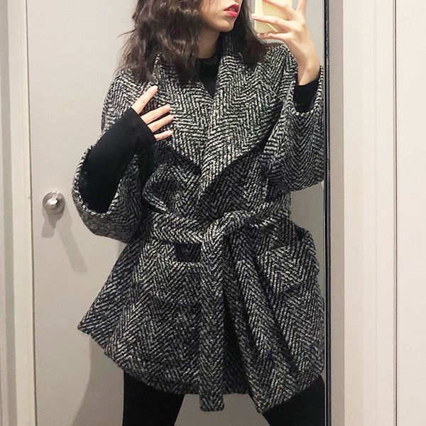 

women s fur faux women woolen coat autumn winter korean style sashes waist retro vintage gray big turn down collar wool 220915, Black