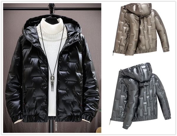 

winter leisure down jacket mens large size lightweight hooded bright leather fashion casual white duck warm jackets to prevent cold coats wa, Black