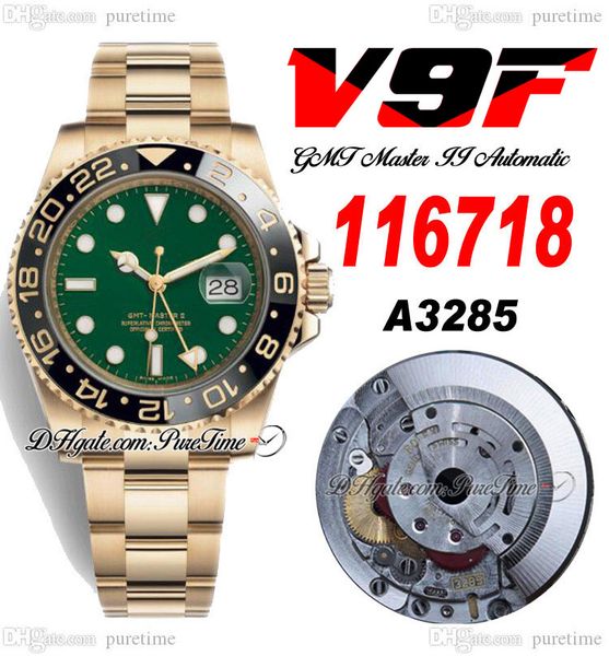 

v9f gmt ii a3285 automatic mens watch v4 126718 40 18k yellow gold ceramic bezel green dial 904l oystersteel bracelet super edition same ser, Slivery;brown