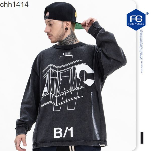 

new autumn and winter 2021 used water wash reverse car craft letter printed long sleeve t-shirt, Black