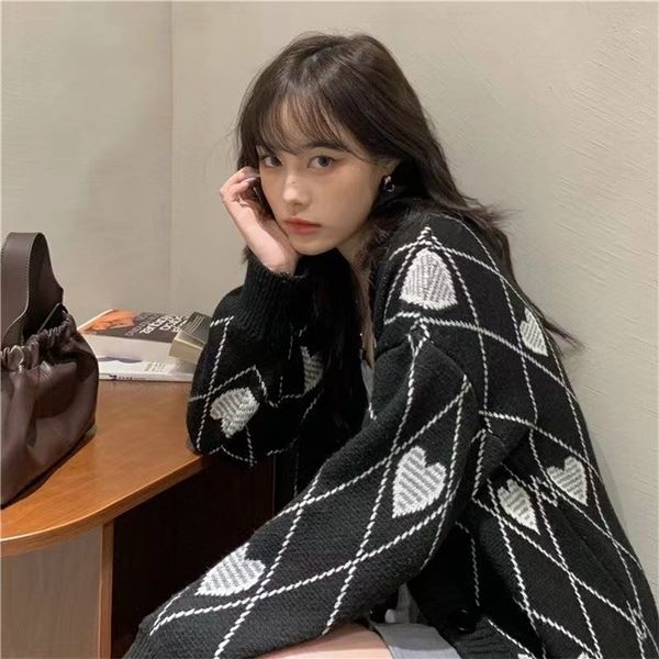 

women's knits tees women knitted cardigan argyle heart pattern jacquard sweater long sleeve love style coat fall winter vintage korean, White