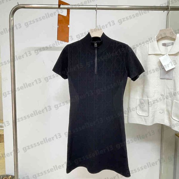 

dress for womens classic zipper half cardigan designer dress fashion brand dark pattern turtleneck short sleeve dresses luxury women clothin, Black;gray