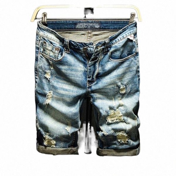 

men's shorts men designer denim knee length streetwear retro ripped hole slim stretch hip hop male jeans d1cx#, White;black