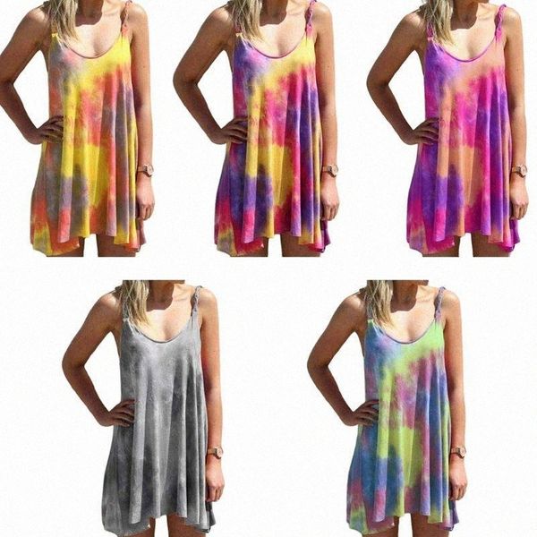 

women loose mini sling dress casual summer sleeveless braided straps u-neck gradient tie-dye irregular hem beach sundress 98tp#, Black;gray