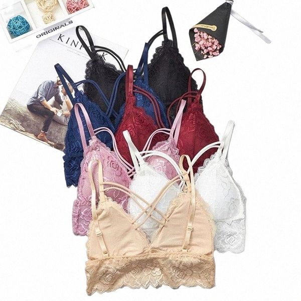 

bras women cross bandage bra crop floral lace bralette seamless black white red blue wireless bustier tank camis g4dw#, Red;black